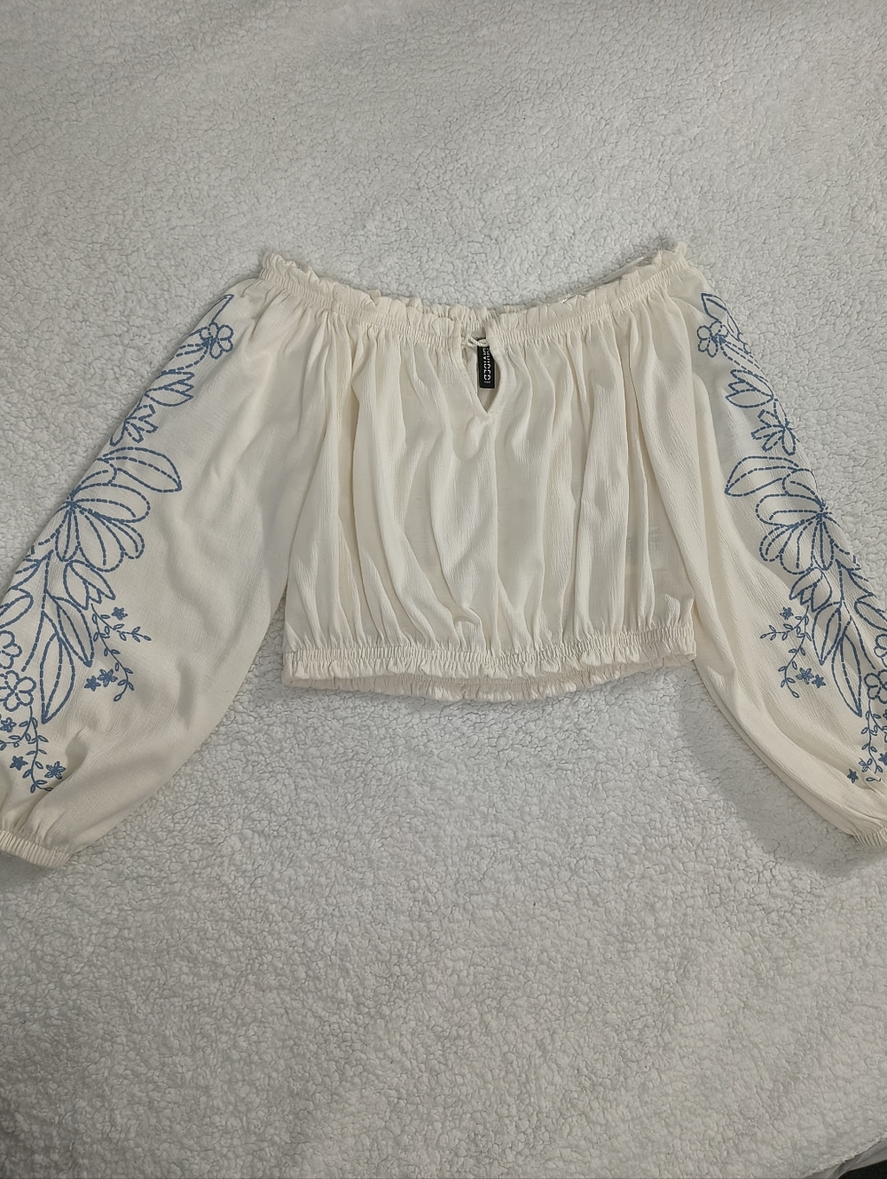 H&M Cream Off-Shoulder Crop Top with Blue Floral Embroidery